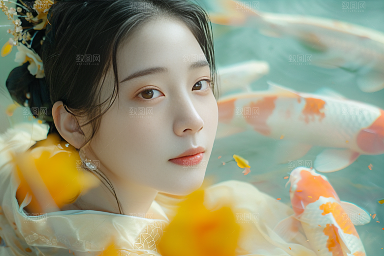 锦鲤汉服美女优雅古风素材