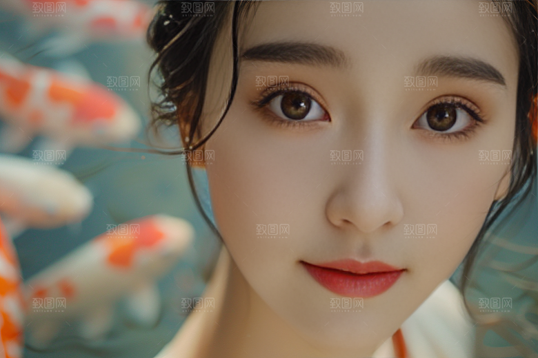 锦鲤汉服美女精致高清素材