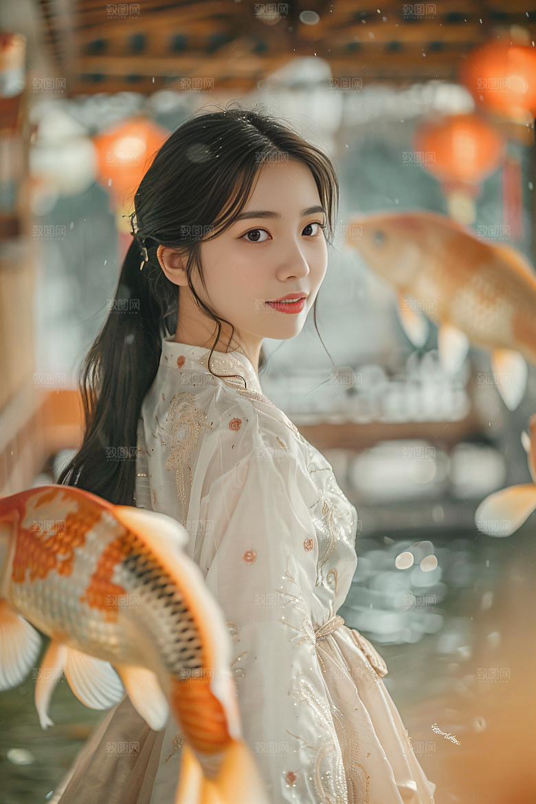 锦鲤汉服美女唯美吉祥素材