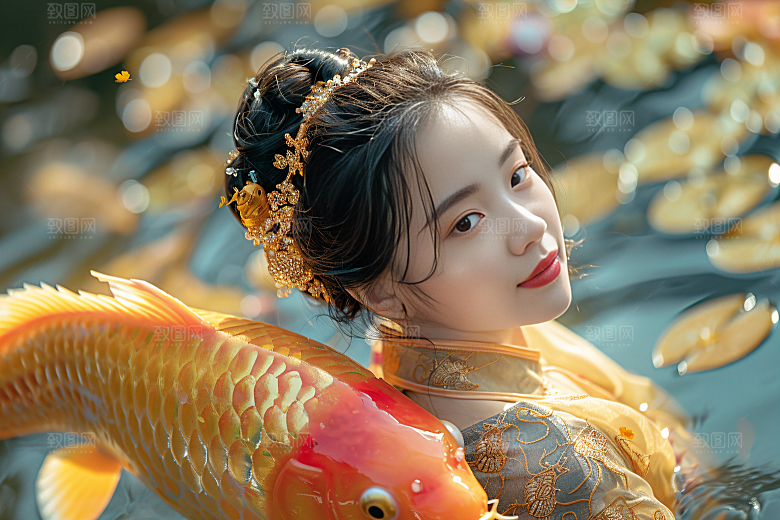 锦鲤汉服美女传统肖像素材