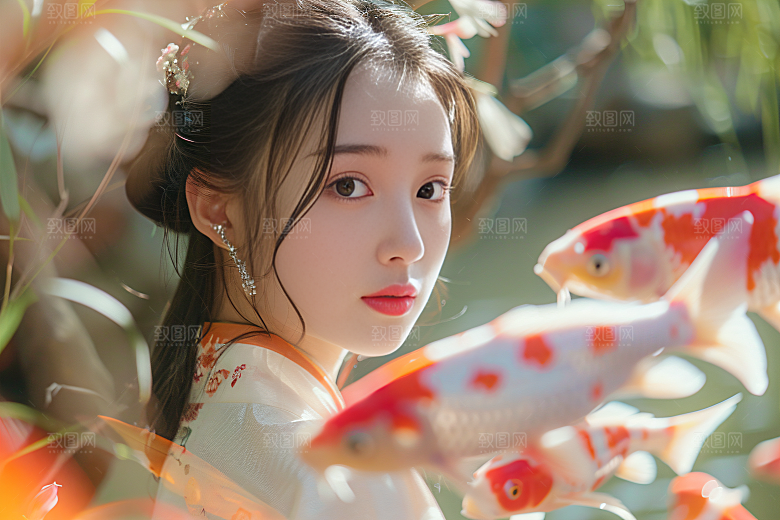 锦鲤汉服美女肖像传统素材