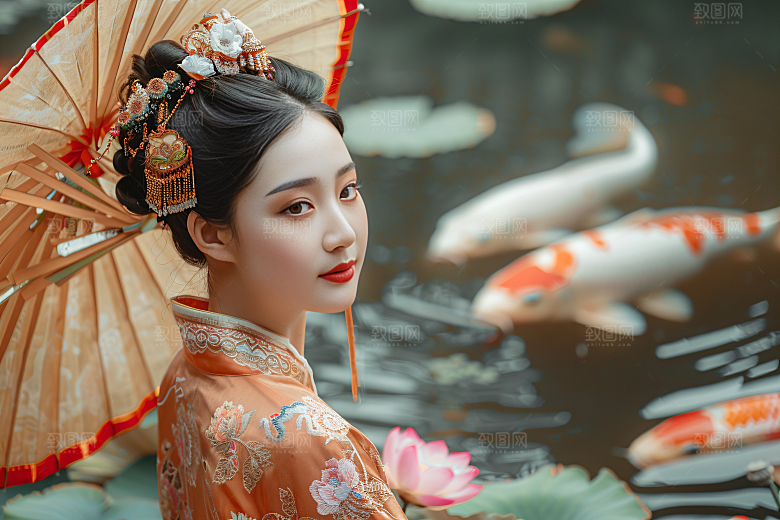 锦鲤汉服美女肖像唯美素材