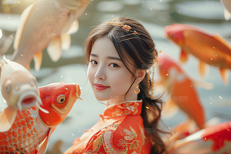 锦鲤汉服美女金鱼肖像素材
