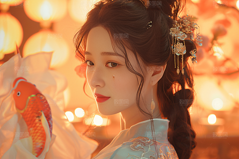 锦鲤汉服美女优雅吉祥素材