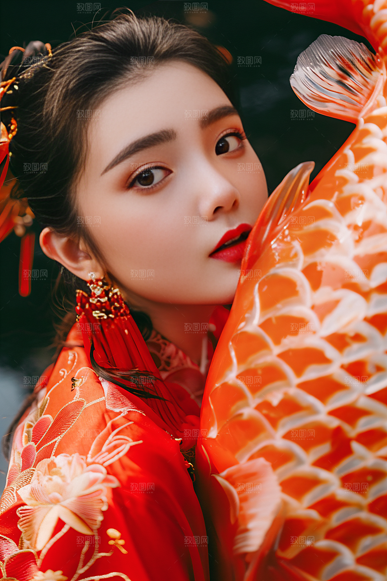 锦鲤汉服美女吉祥中国风素材