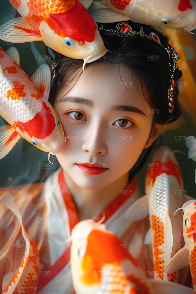 锦鲤汉服美女高清传统素材