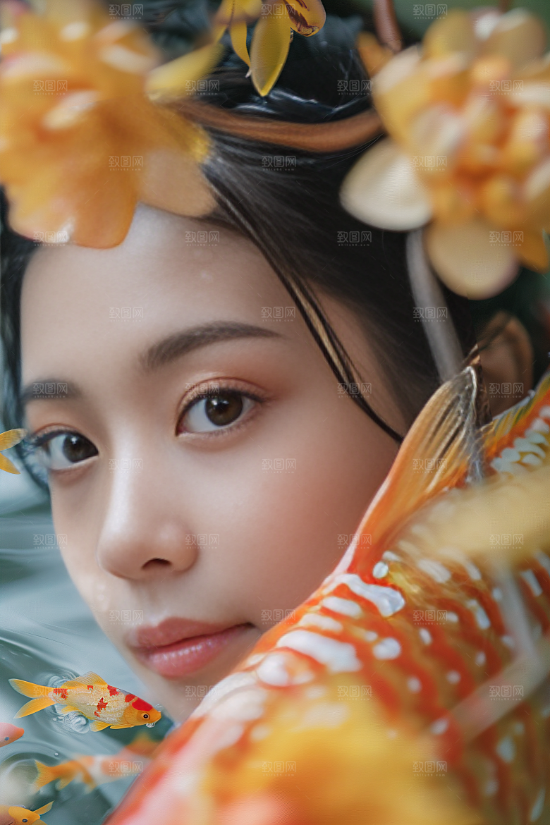 锦鲤汉服美女传统中国风素材