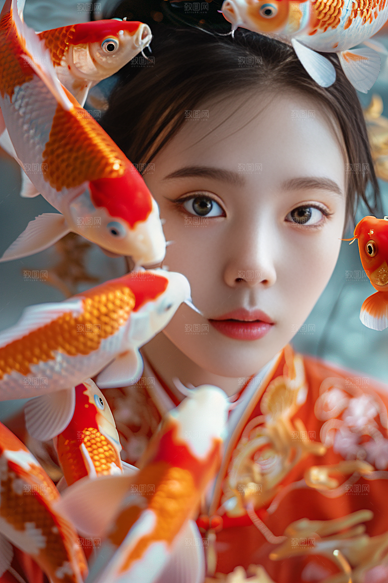 锦鲤汉服美女传统古风素材