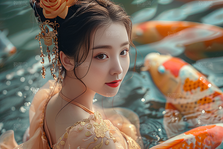 锦鲤汉服美女古风金鱼素材