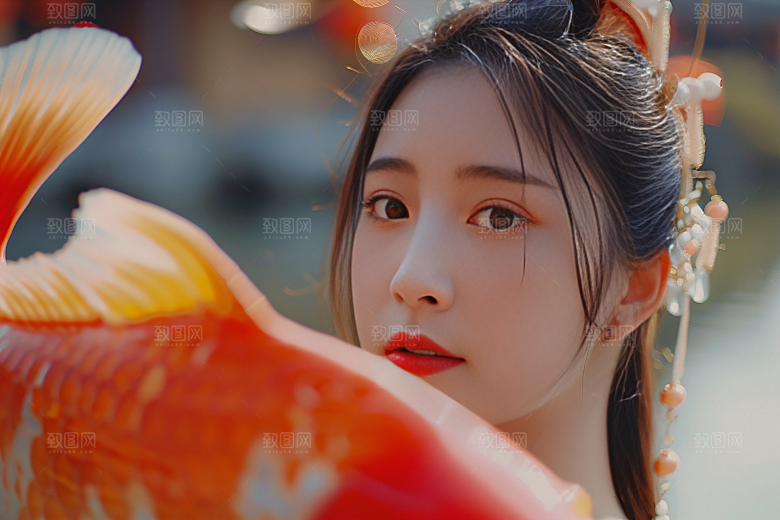 锦鲤汉服美女古风中国风素材