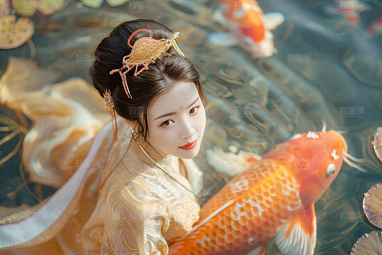 锦鲤汉服美女优雅中国风素材