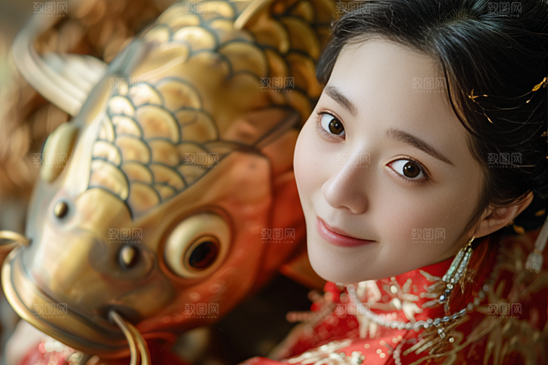 锦鲤汉服美女吉祥中国风素材