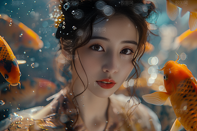 锦鲤汉服美女人像传统素材