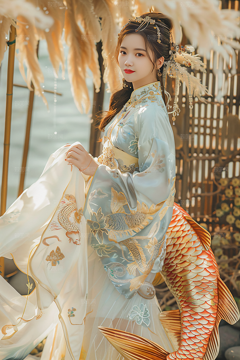 锦鲤汉服美女金鱼古风素材