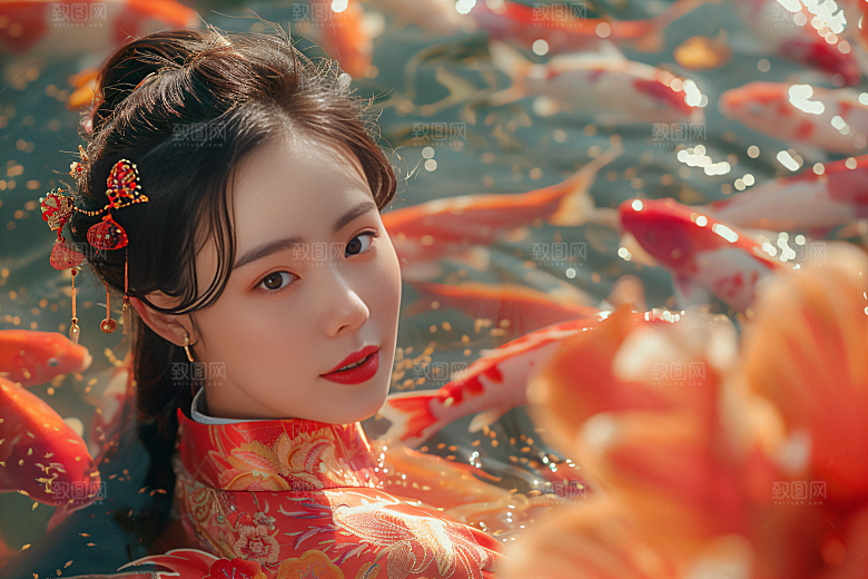 锦鲤汉服美女吉祥人像素材