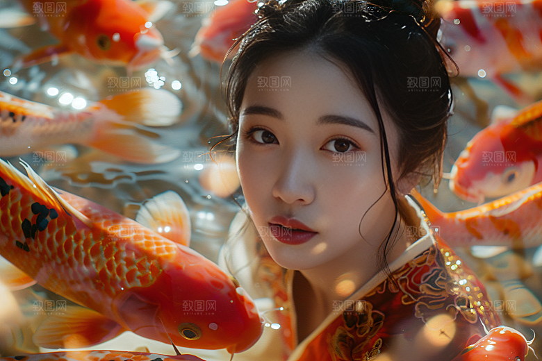 锦鲤汉服美女吉祥古风素材
