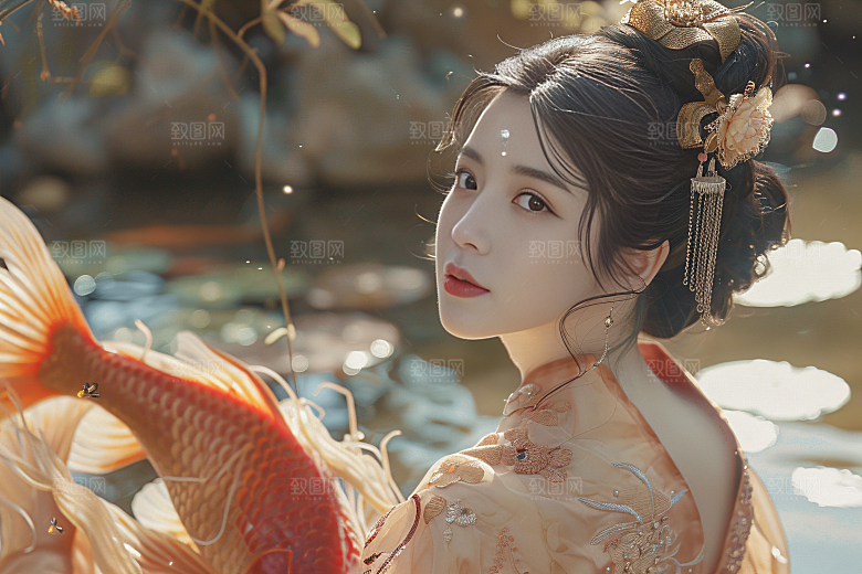锦鲤汉服美女肖像古风素材