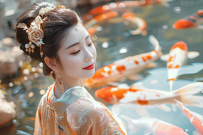 锦鲤汉服美女金鱼唯美素材