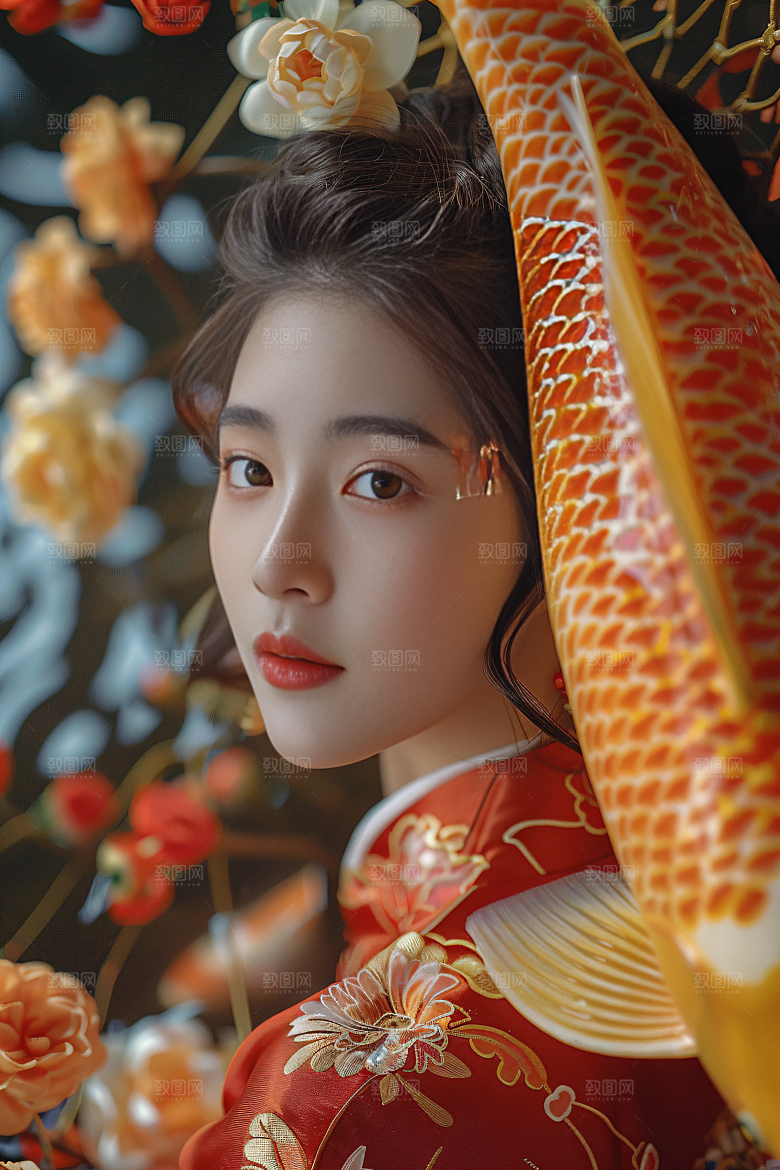 锦鲤汉服美女优雅高清素材