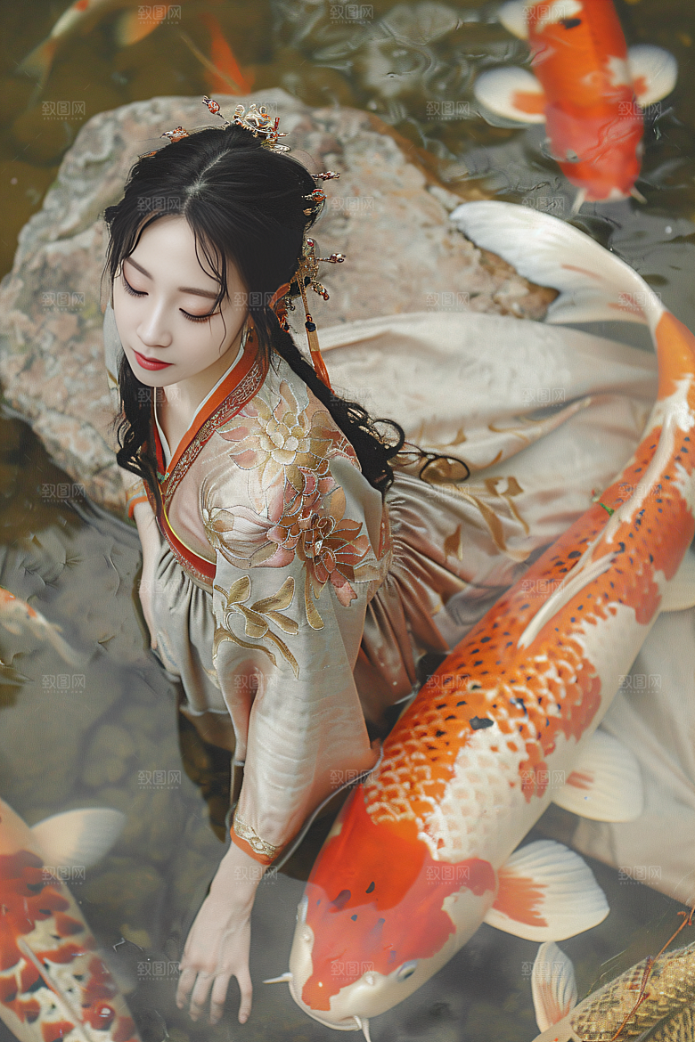 锦鲤汉服美女高清金鱼素材