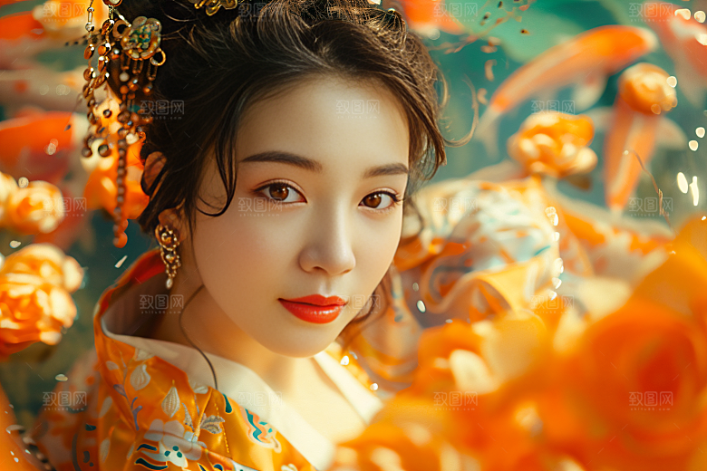 锦鲤汉服美女优雅人像素材