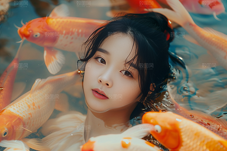 锦鲤汉服美女精致中国风素材
