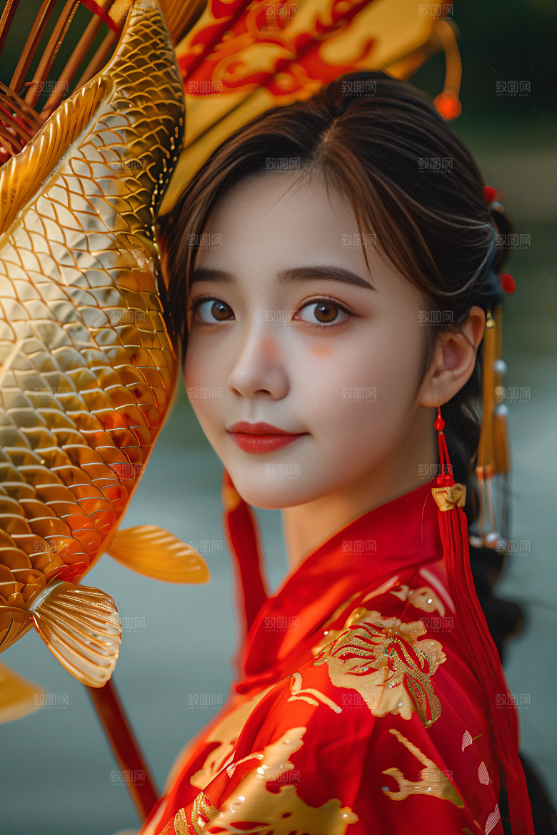 锦鲤汉服美女优雅吉祥素材
