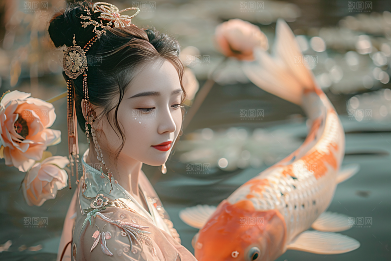 锦鲤汉服美女金鱼古风素材