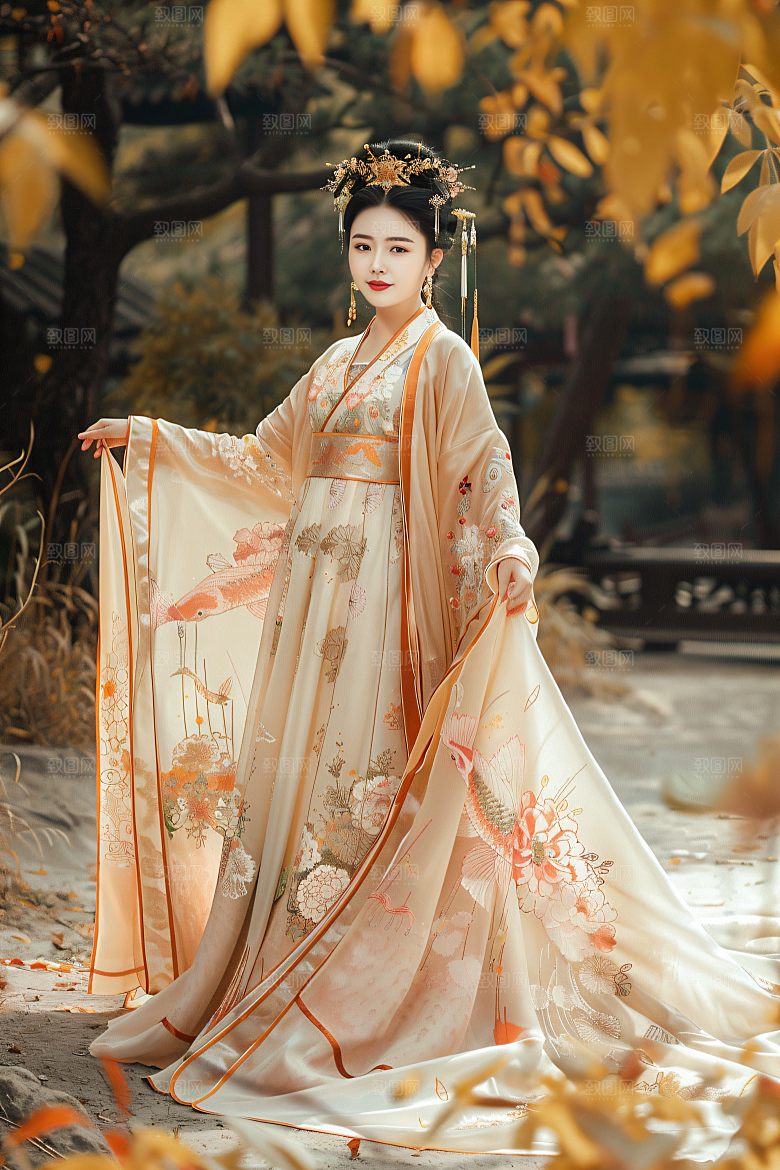 锦鲤汉服美女传统唯美素材