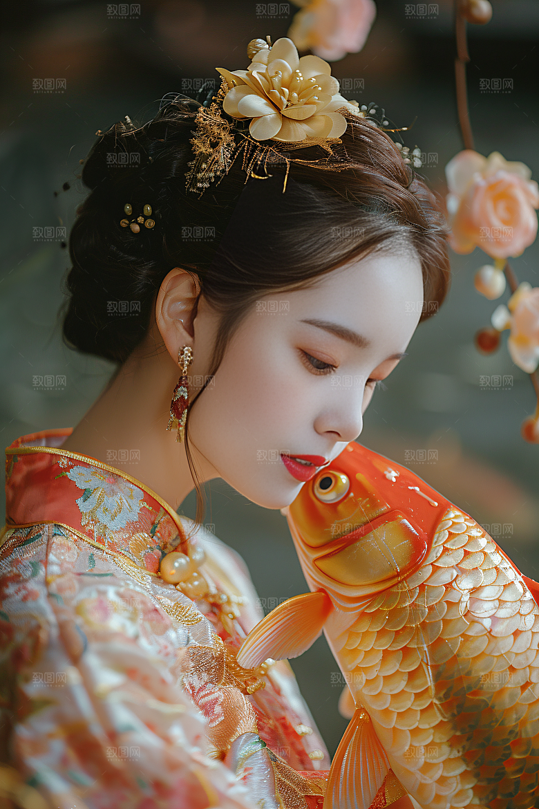 锦鲤汉服美女金鱼高清素材