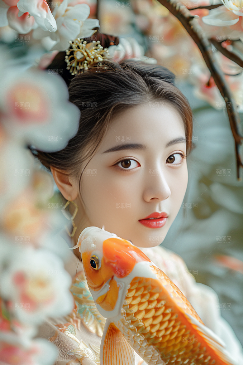 锦鲤汉服美女传统古风素材
