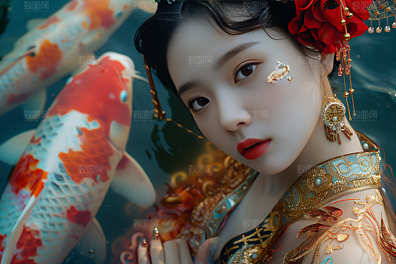 锦鲤汉服美女人像中国风素材