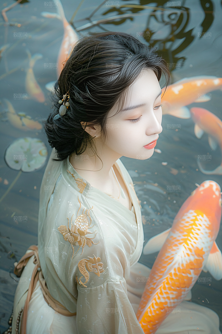 锦鲤汉服美女优雅古风素材