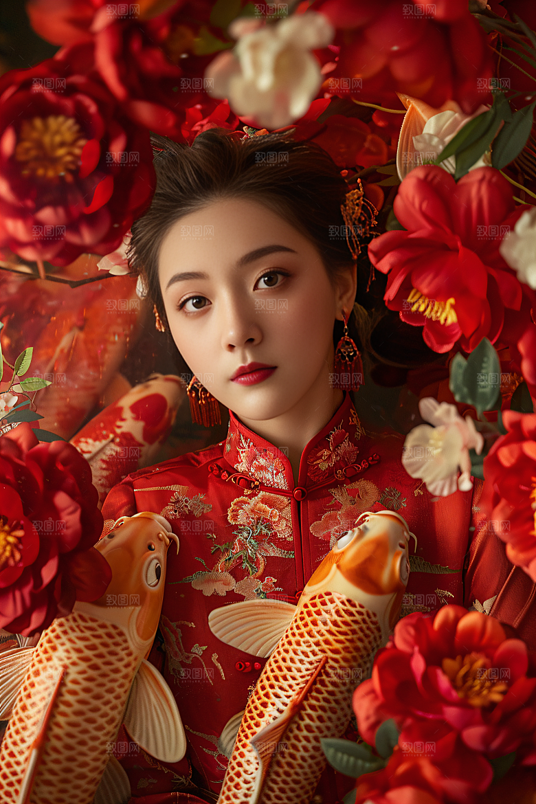 锦鲤汉服美女精致古风素材