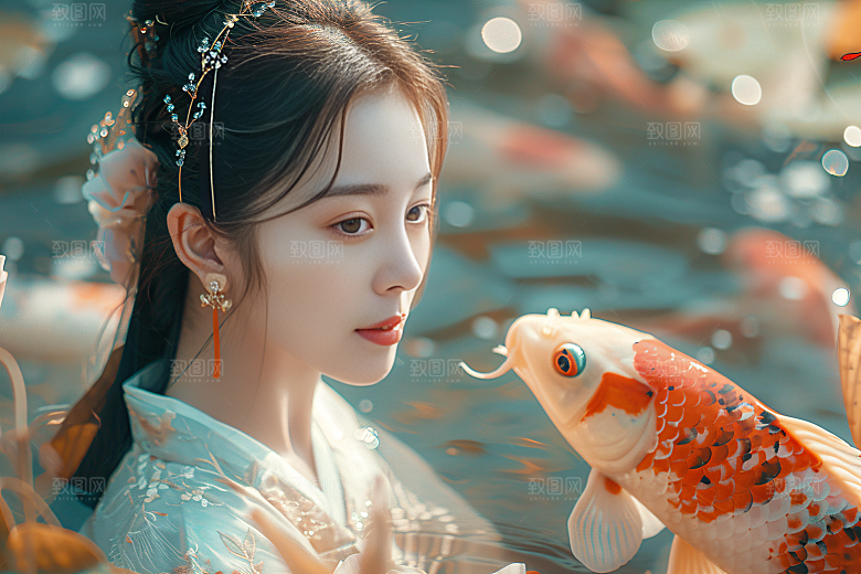 锦鲤汉服美女优雅古风素材