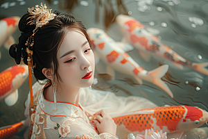 锦鲤汉服美女精致肖像素材