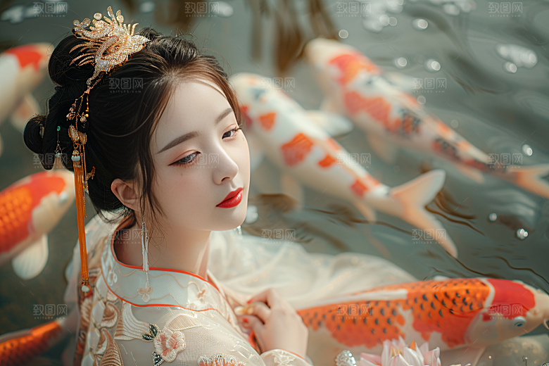 锦鲤汉服美女精致肖像素材