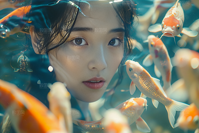 锦鲤汉服美女中国风古风素材