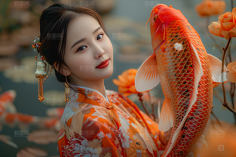 锦鲤汉服美女古风精致素材