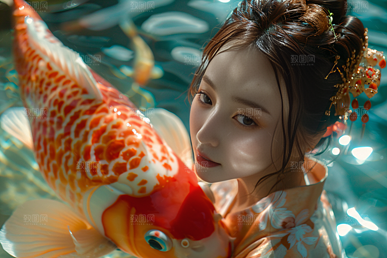 锦鲤汉服美女古风吉祥素材