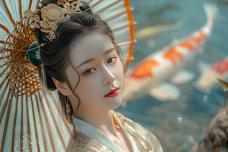 锦鲤汉服美女中国风优雅素材