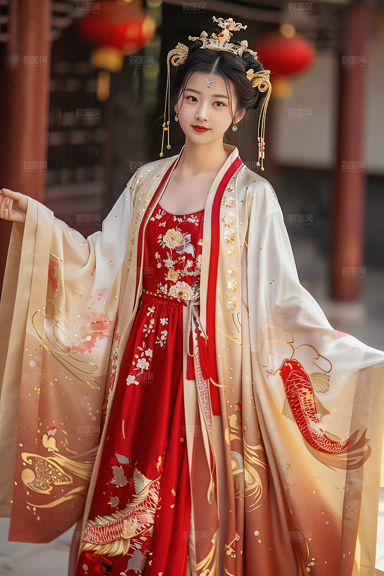 锦鲤汉服美女高清优雅素材