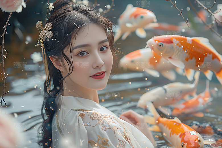 锦鲤汉服美女精致唯美素材