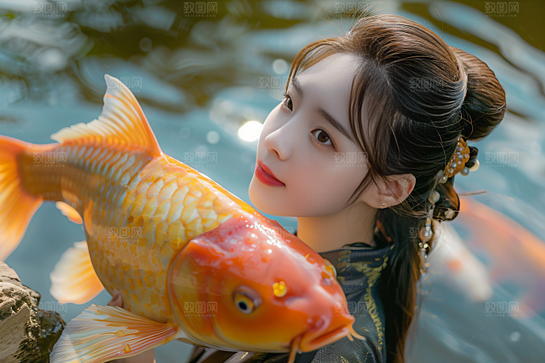 锦鲤汉服美女肖像唯美素材