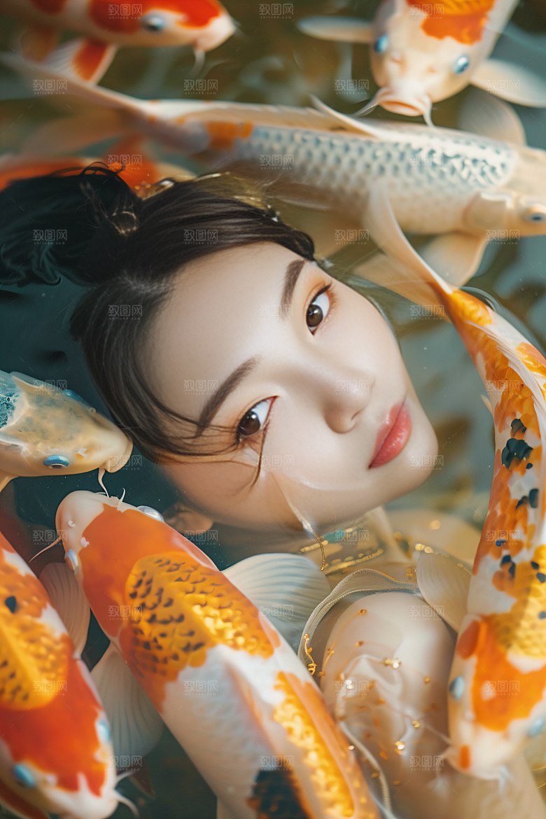 锦鲤汉服美女唯美人像素材