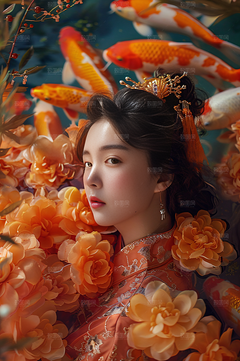 锦鲤汉服美女吉祥肖像素材