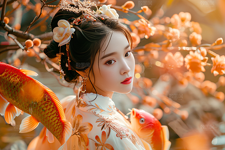 锦鲤汉服美女金鱼古风素材