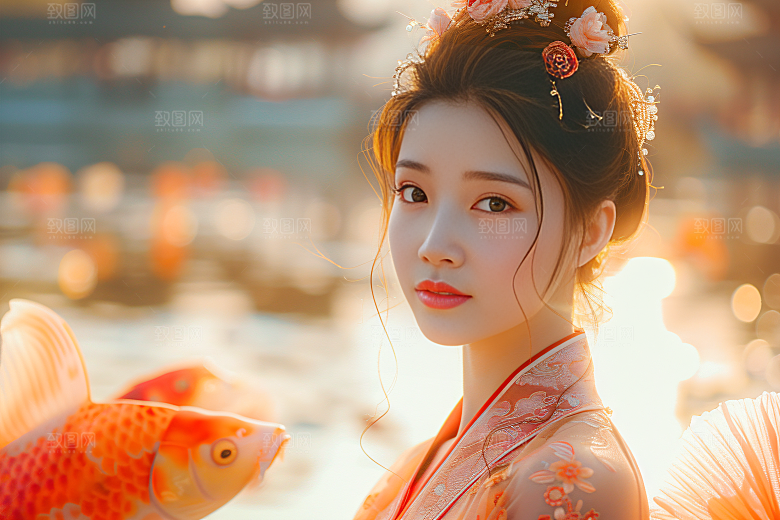 锦鲤汉服美女优雅吉祥素材
