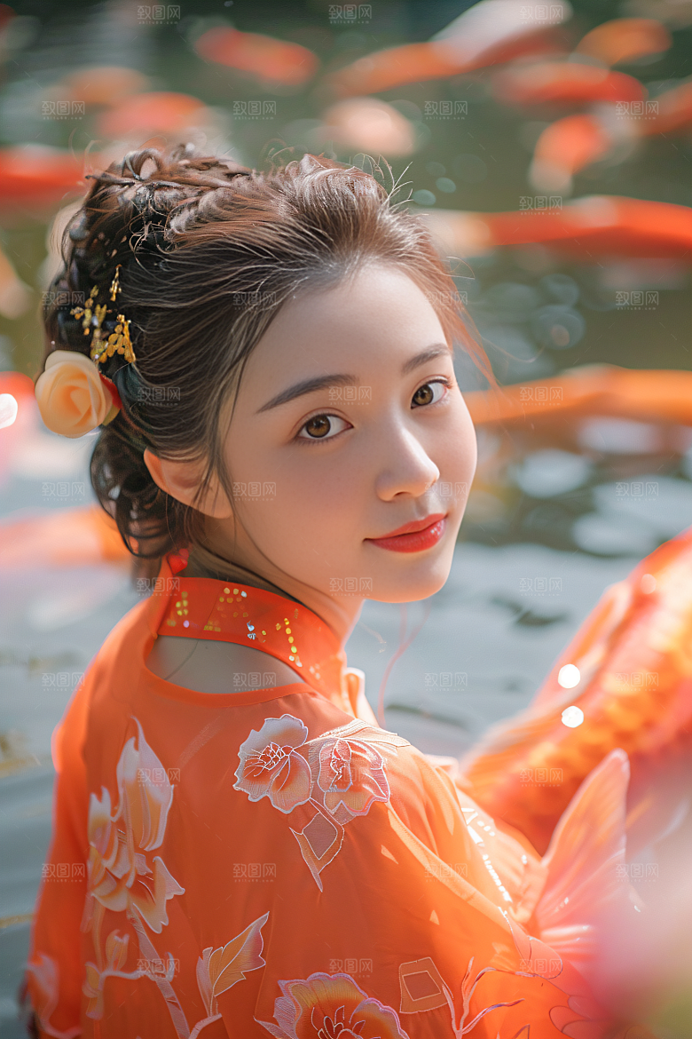 锦鲤汉服美女吉祥优雅素材