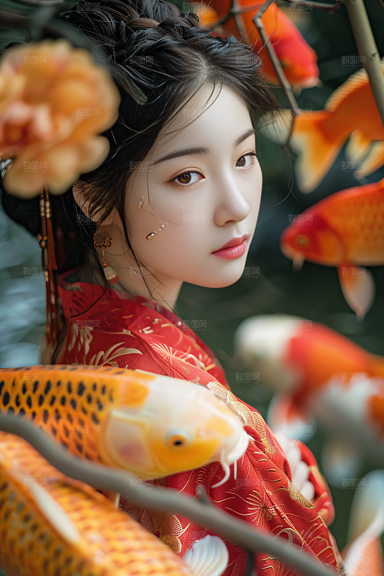 锦鲤汉服美女传统古风素材